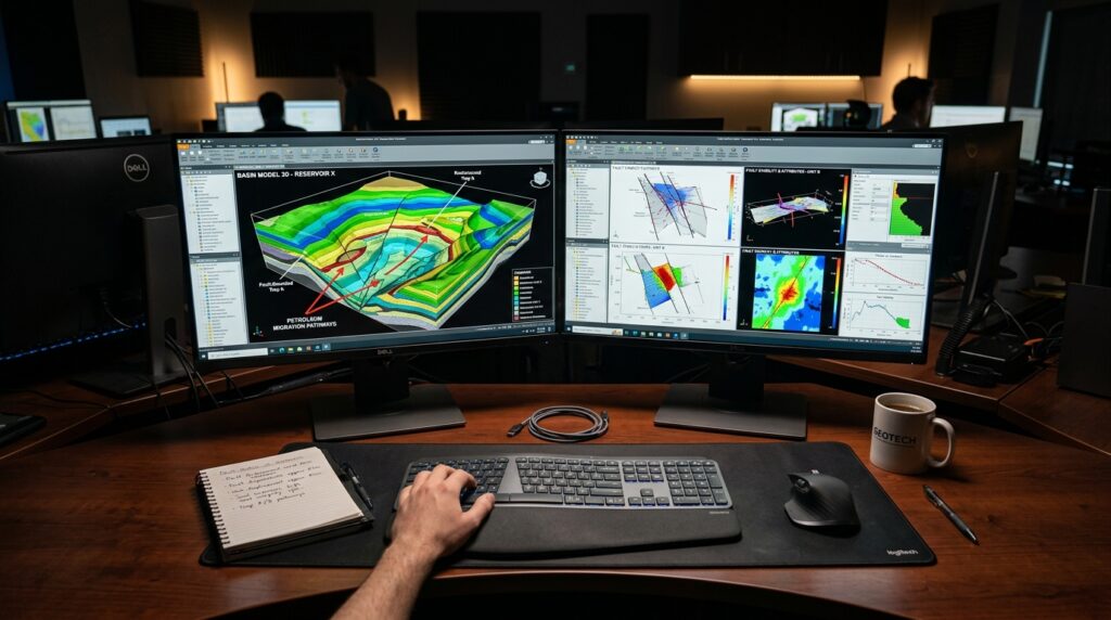 Geologist POV workstation monitor 3D sedimentary basin petroleum systems modeling