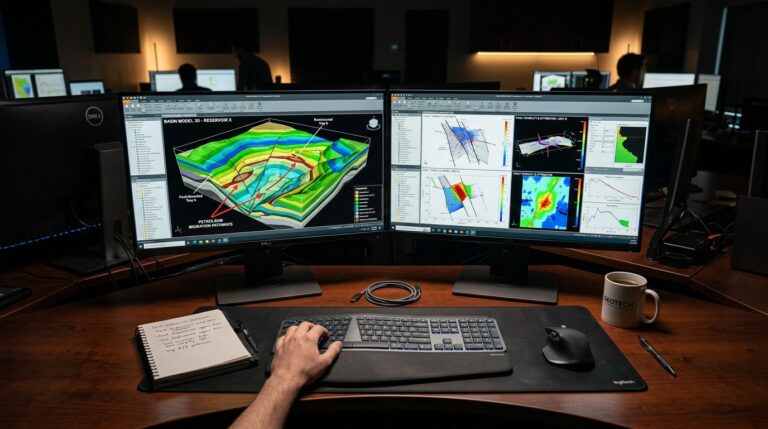 Geologist POV workstation monitor 3D sedimentary basin petroleum systems modeling