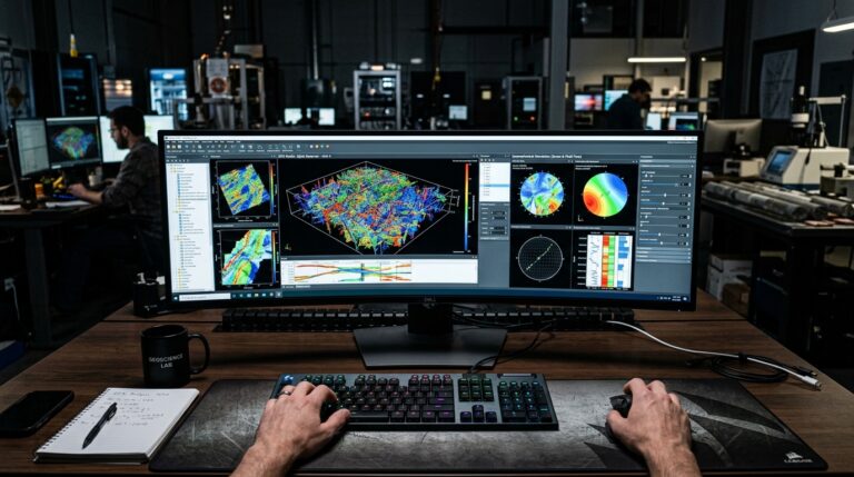 Reservoir engineer POV workstation monitor 3D fracture network geomechanics simulation