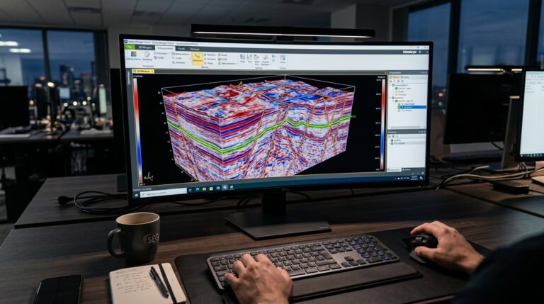 Petroleum engineer POV workstation monitor 3D seismic interpretation