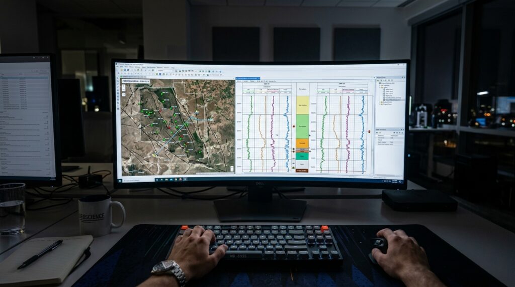 Geoscientist POV workstation monitor well log correlation and subsurface data management